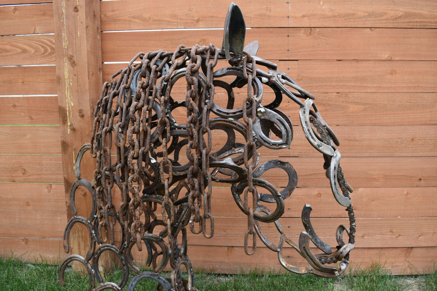 Authentic horseshoes repurposed into a 3D Horse Head Silhouette - Rustic original finish