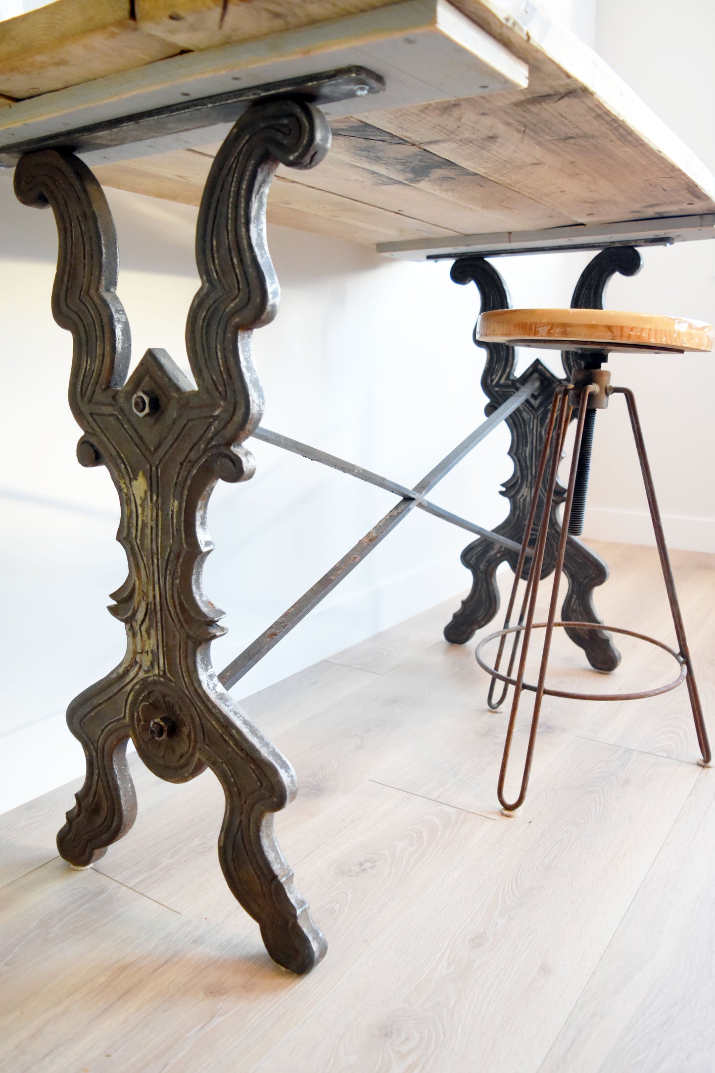 Antique Iron Table and Spinning Stool
