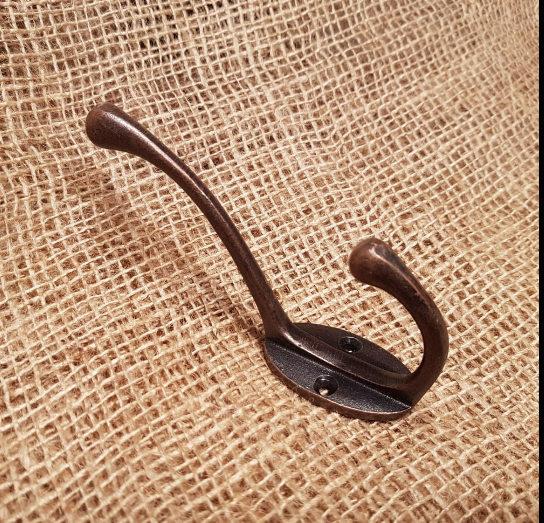 Victorian Hat & Coat Hook - 2 hole Rustic, Solid Brass, Patina, Antique Iron,  Antique Copper, Antique Brass Finishes