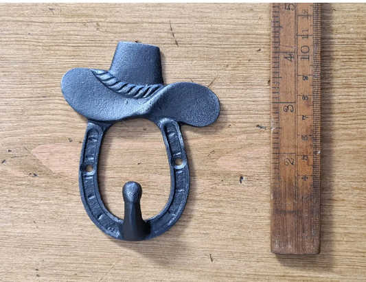 Coat Hook Single HORSESHOE & COWBOY HAT Ant Iron 100mm (E305)
