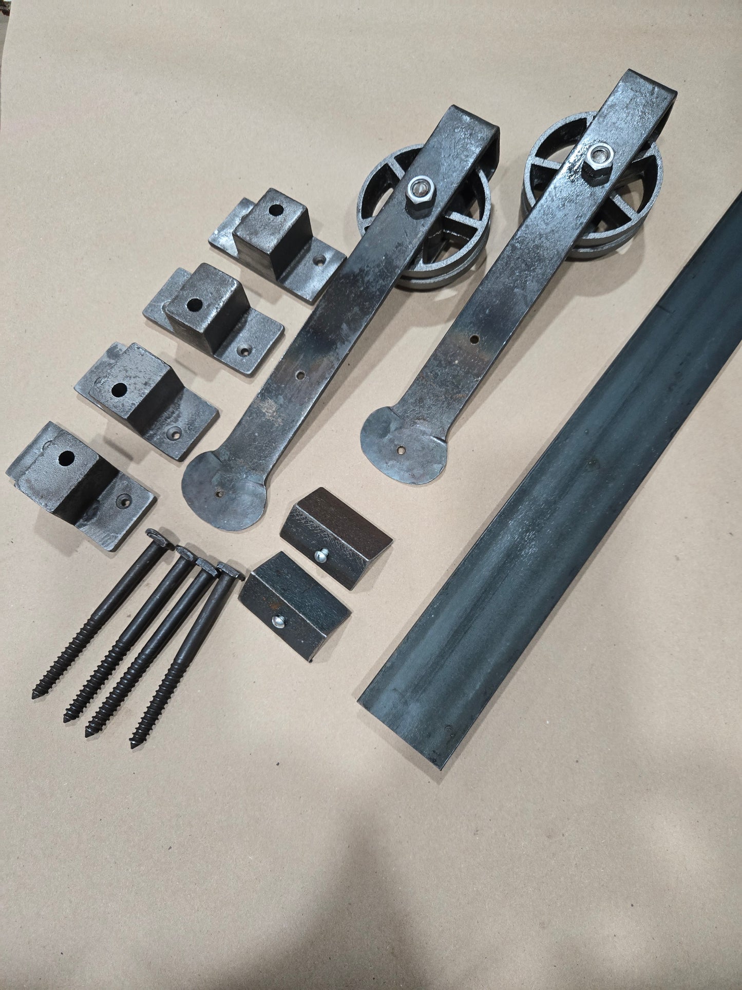 Sliding Barn Door Hardware Kit Antique Iron, Architectural Penny End with 3 sizes of rails (6ft, 7ft, 8ft or custom cut size)