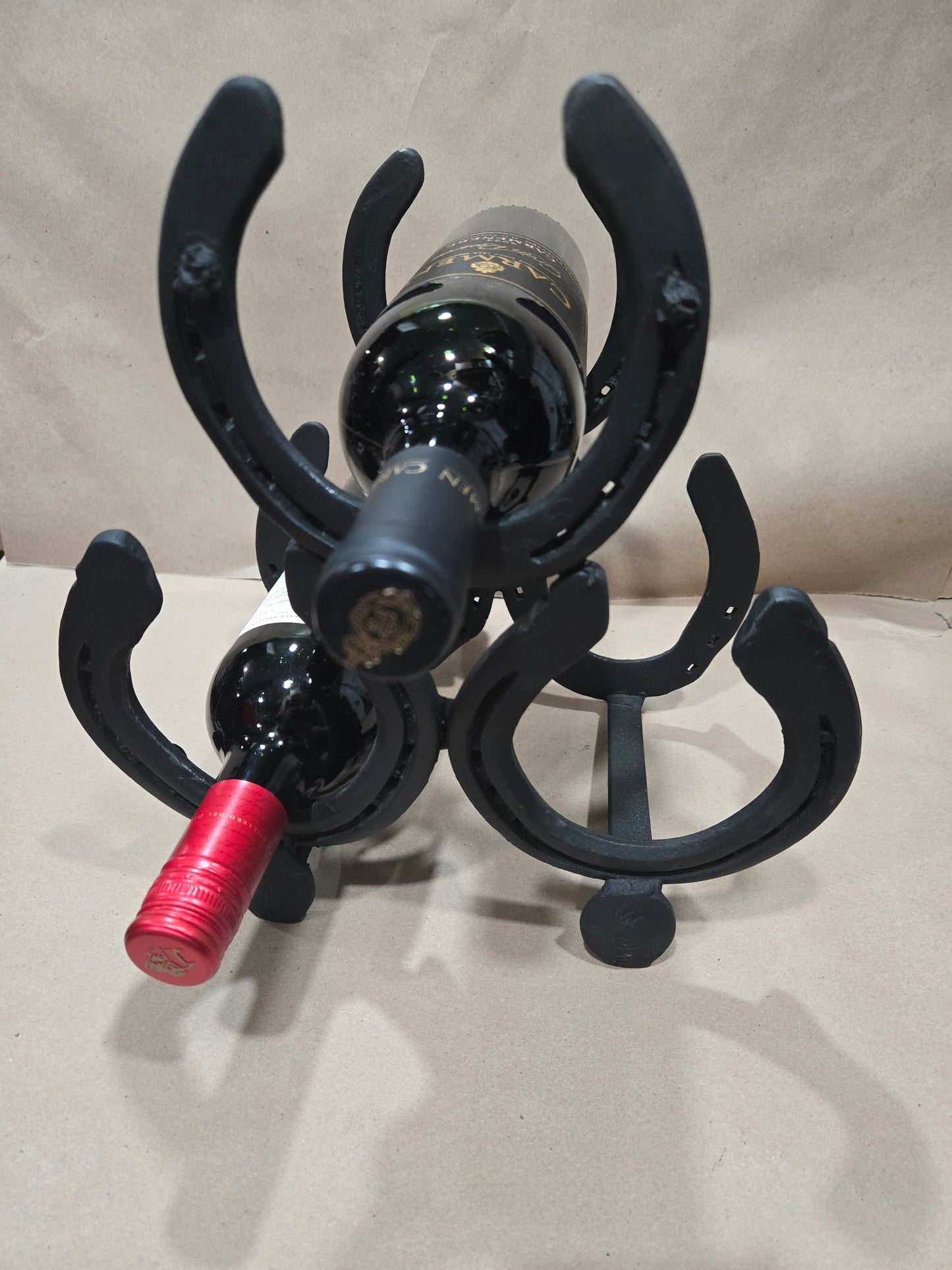 Authentic horseshoes and railroad spikes repurposed into a 3 Bottle Wine Holder- Mat Black