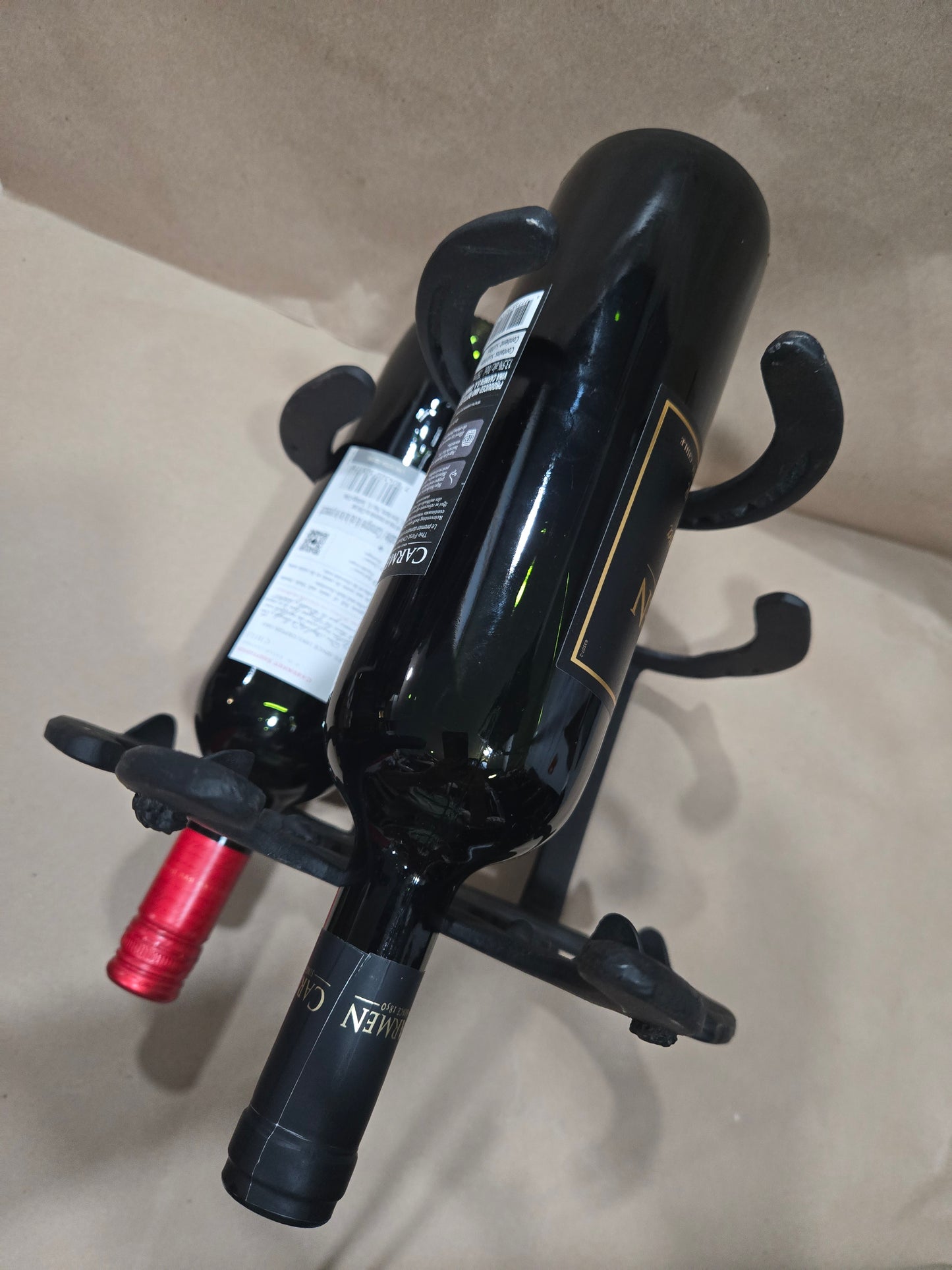 Authentic horseshoes and railroad spikes repurposed into a 3 Bottle Wine Holder- Mat Black