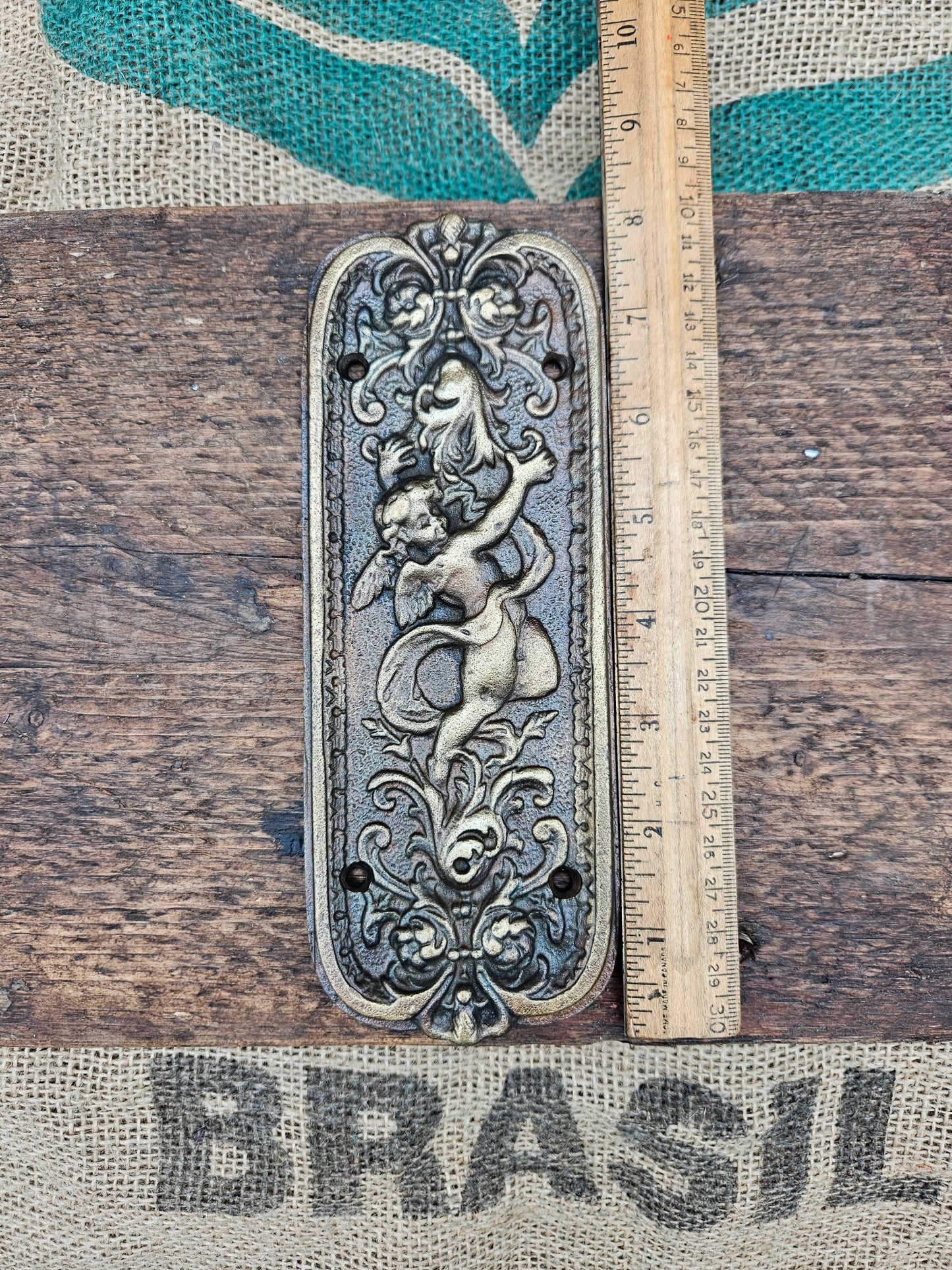 Door Push Plate - Cherub Antique Brass