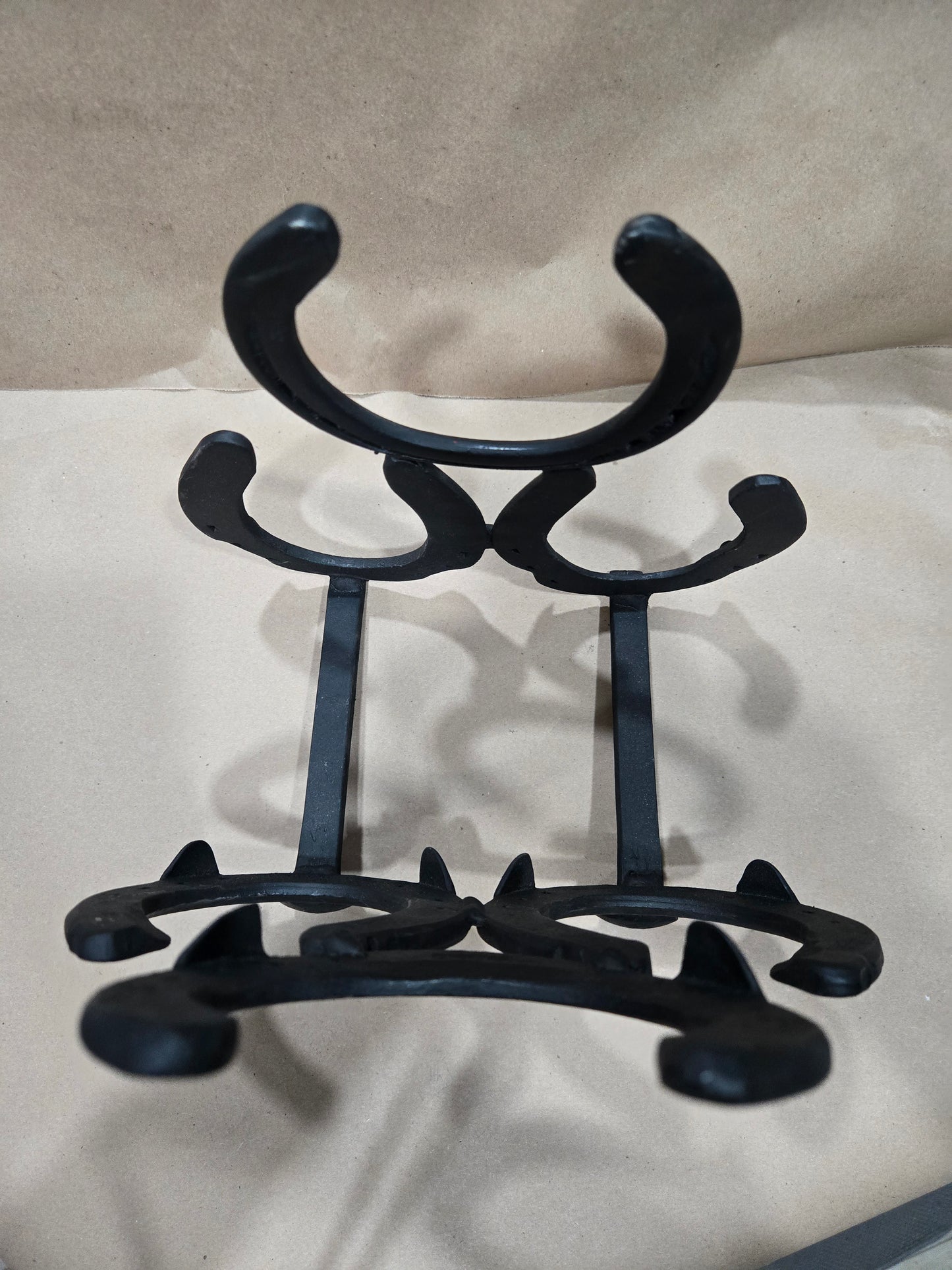 Authentic horseshoes and railroad spikes repurposed into a 3 Bottle Wine Holder- Mat Black