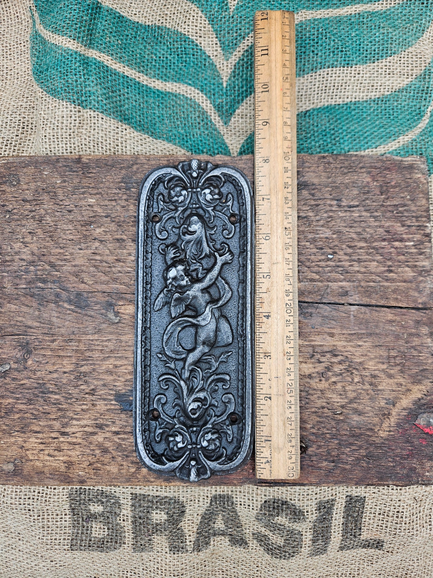 Door Push Plate - Cherub Antique Iron