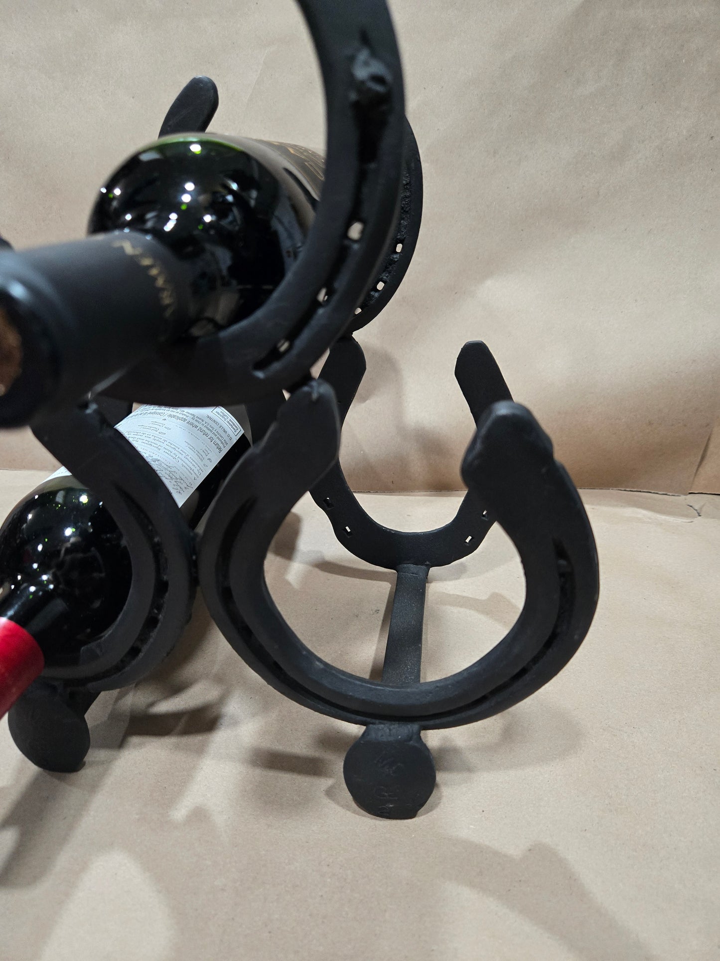 Authentic horseshoes and railroad spikes repurposed into a 3 Bottle Wine Holder- Mat Black