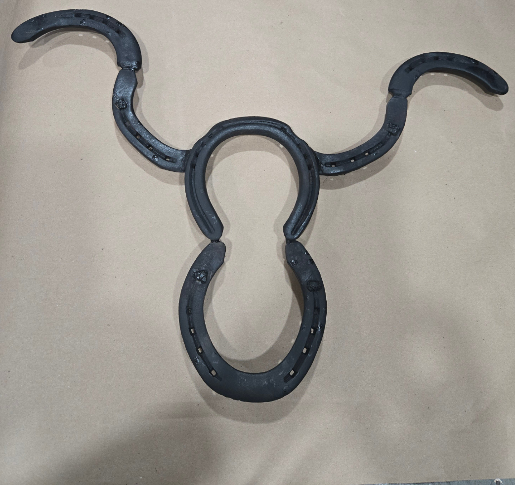 Authentic horseshoes repurposed into a Longhorn wall hanging - Mat Black and Original Rustic finish available.