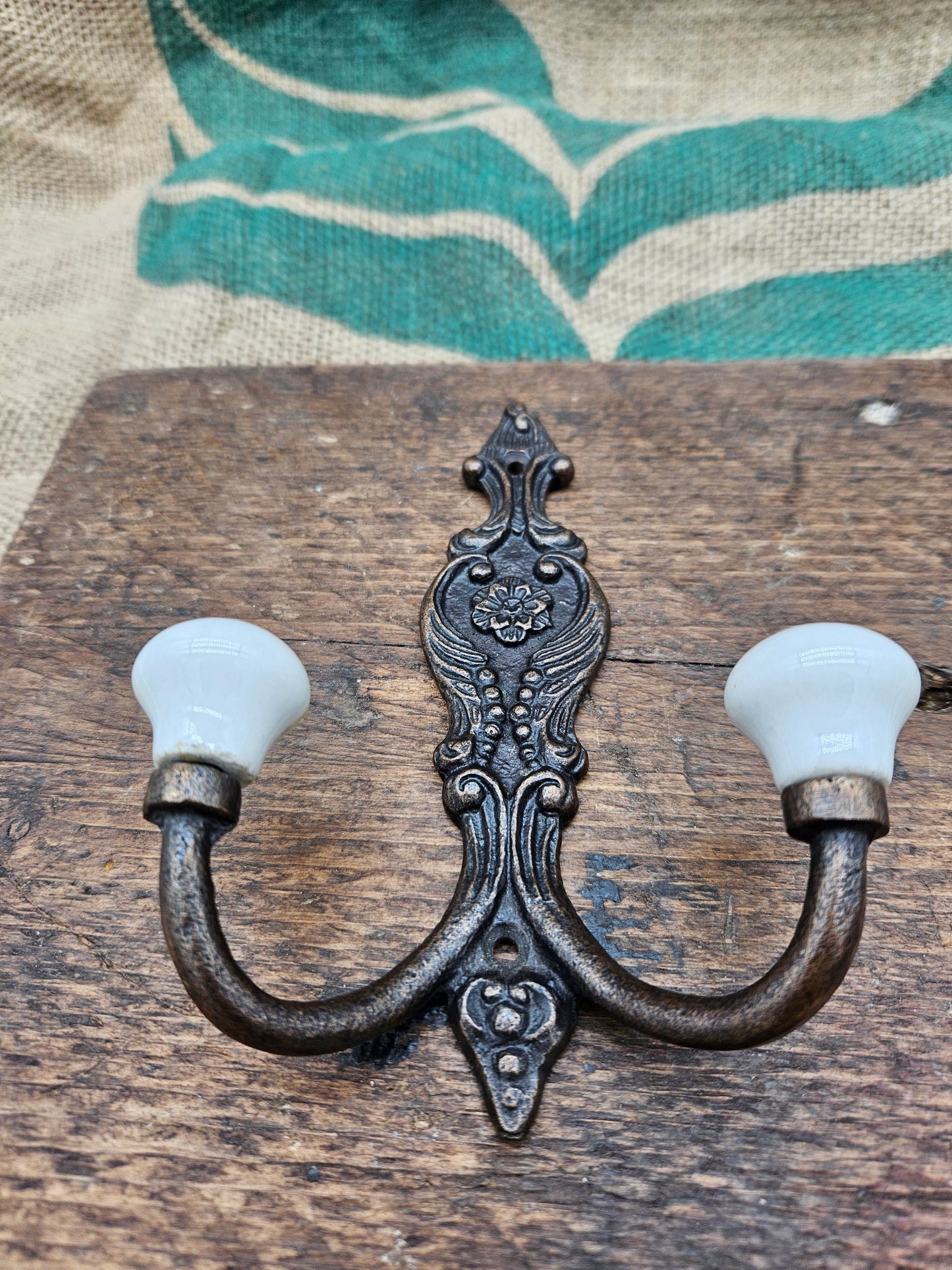 The French Ornate Double Hook - Antique Copper - Ivory tapered ceramic ends