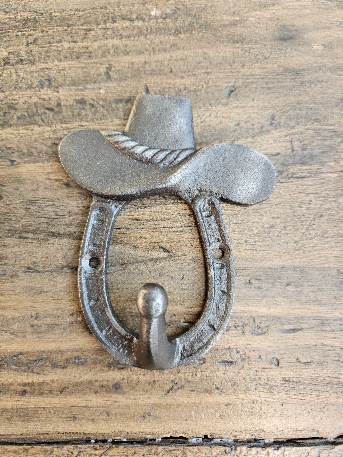 Coat Hook Single HORSESHOE & COWBOY HAT Ant Iron 100mm (E305)