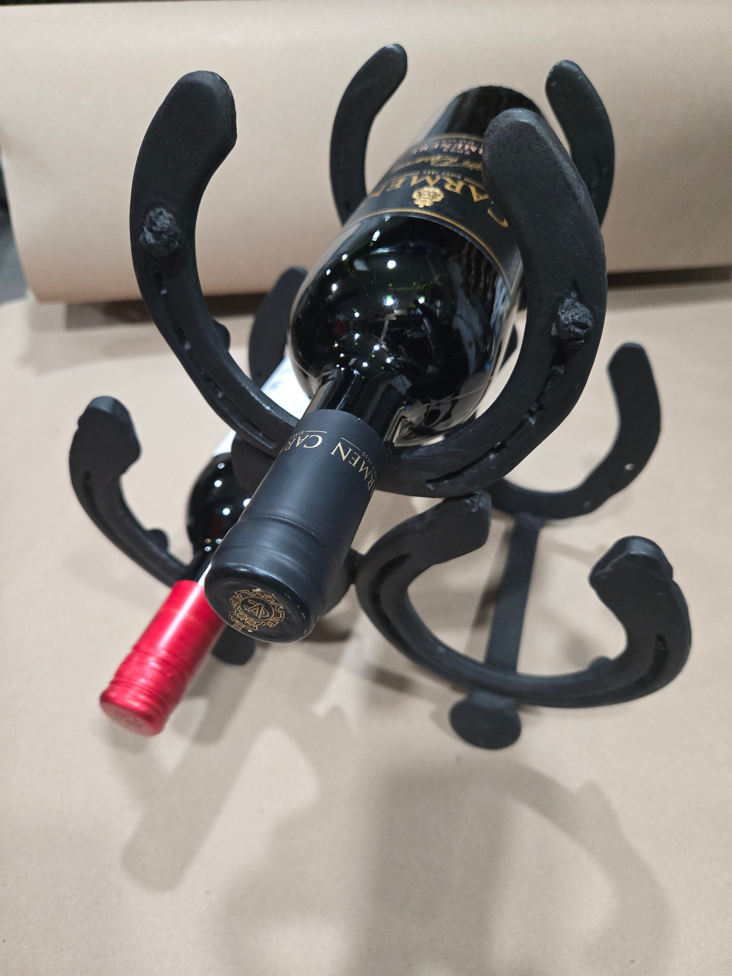 Authentic horseshoes and railroad spikes repurposed into a 3 Bottle Wine Holder- Mat Black
