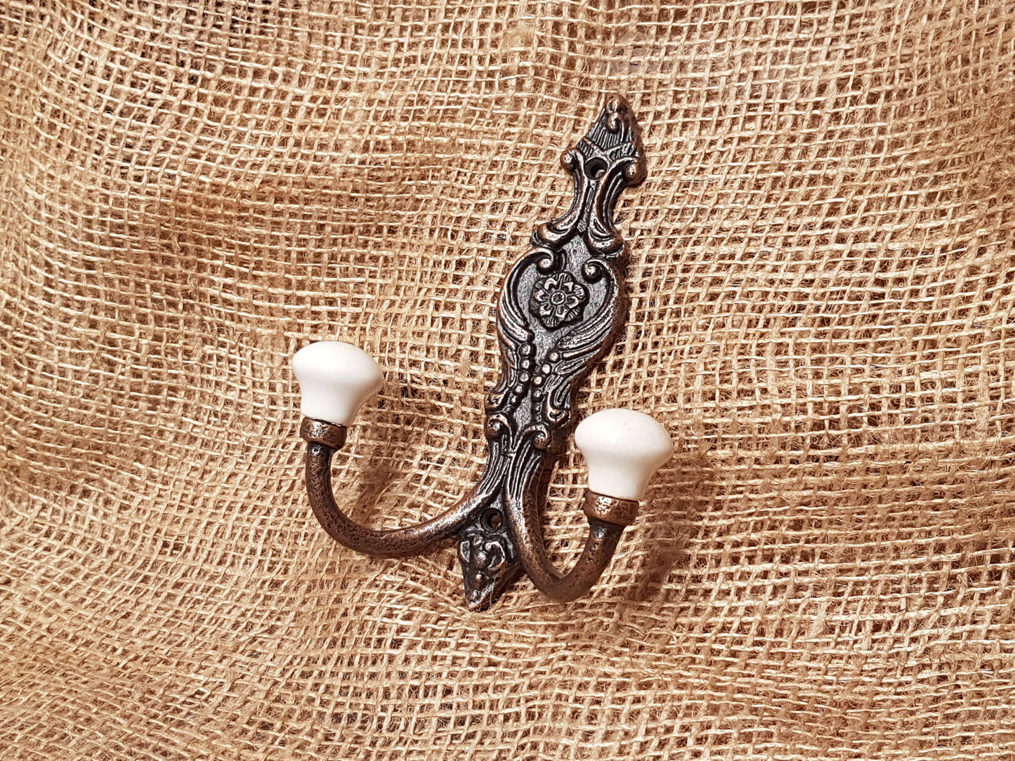 The French Ornate Double Hook - Antique Copper - Ivory tapered ceramic ends