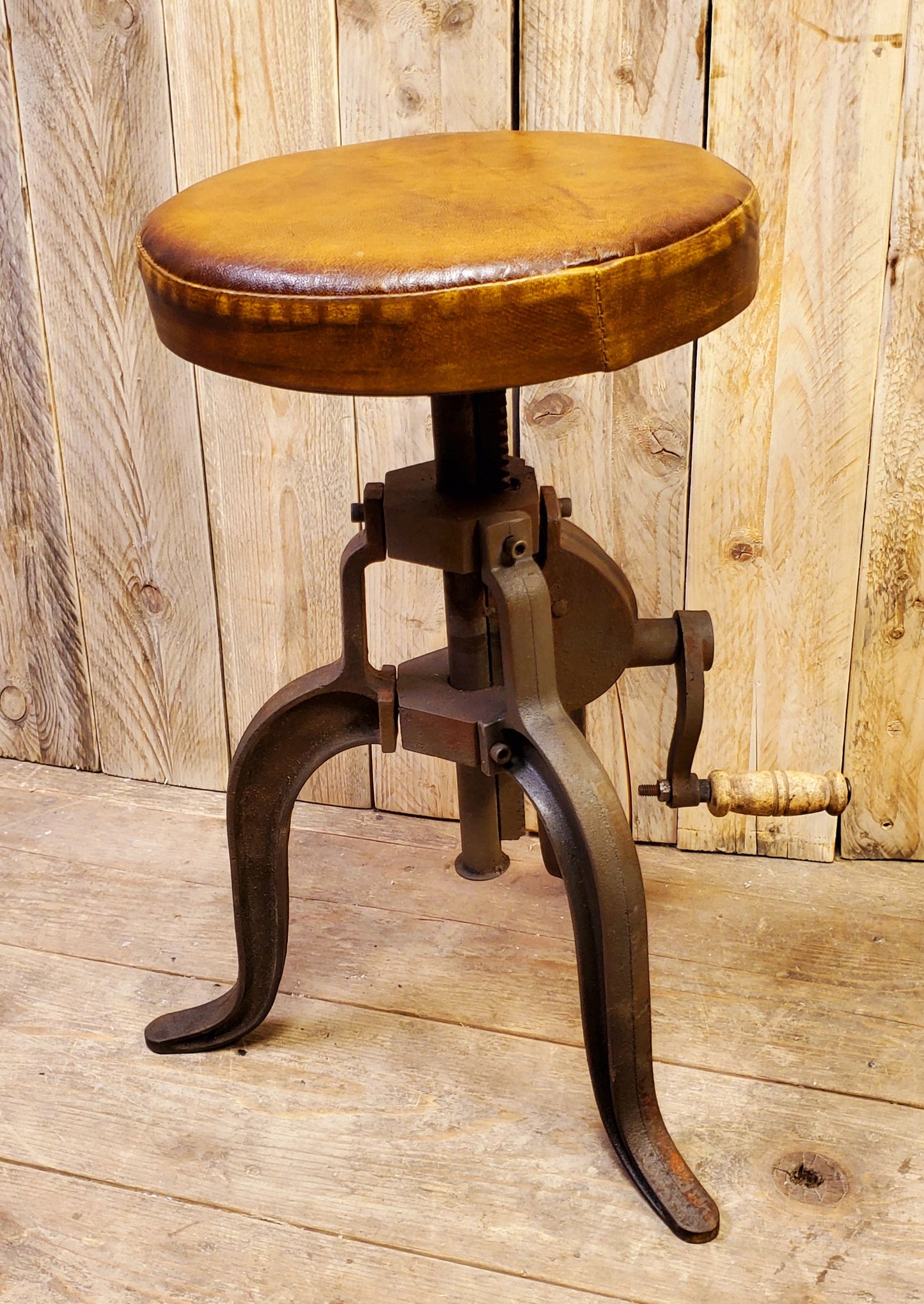 The Abercrombie - Vintage Cast Iron Crank Handle Stool With Leather Seat Top