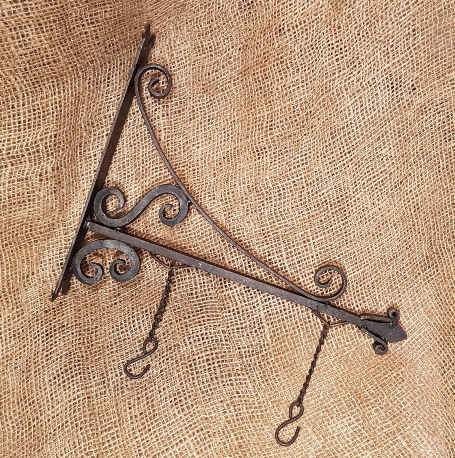 Pub Style Bracket with Chains 16" Wrought Iron - Spearhead Collection -  - Brackets, Exterior Decor, Hanging Sign Bracket, Misc. Brackets & Fittings, Rusted Finish