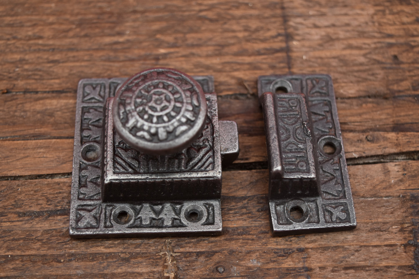 Cupboard Catch Round Knob or Tee Bar EASTLAKE Solid Brass or Round Knob Antique Iron 2"