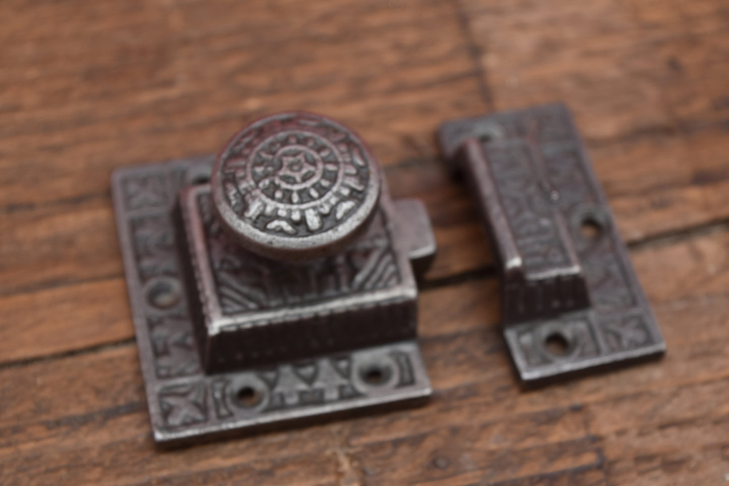 Cupboard Catch Round Knob or Tee Bar EASTLAKE Solid Brass or Round Knob Antique Iron 2"