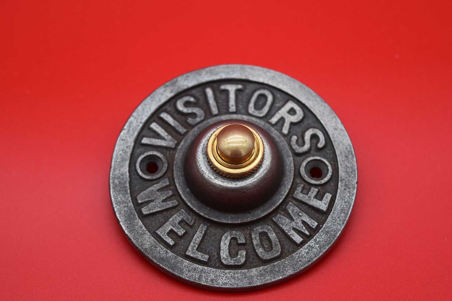 Door Bell Push - Visitors Welcome - Antique Iron with brass push button