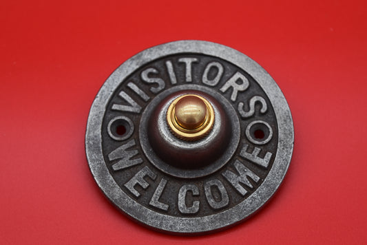 Door Bell Push - Visitors Welcome - Antique Iron with brass push button