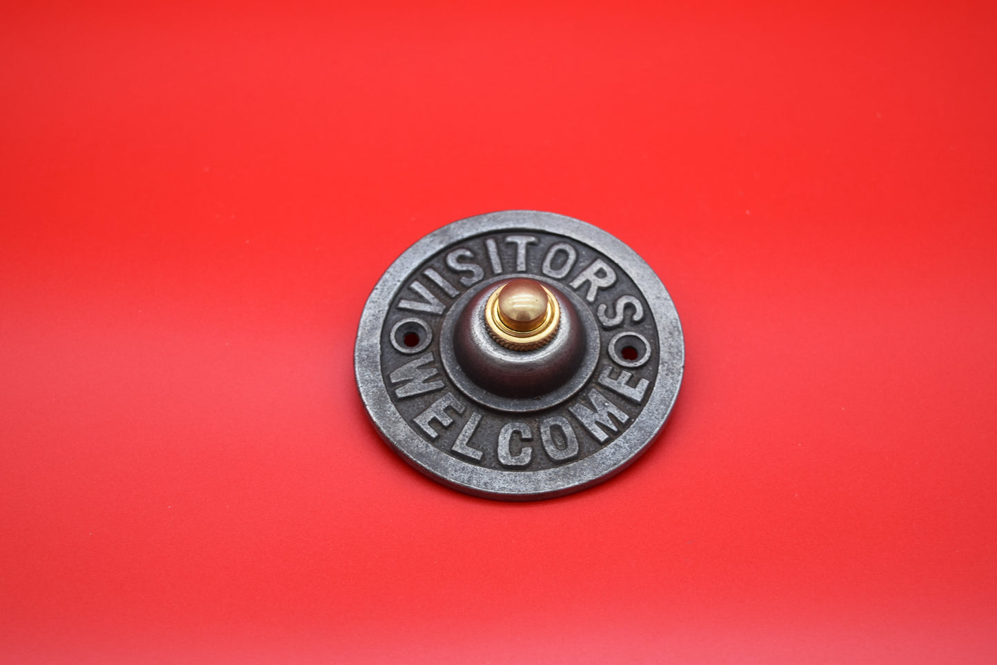 Door Bell Push - Visitors Welcome - Antique Iron with brass push button