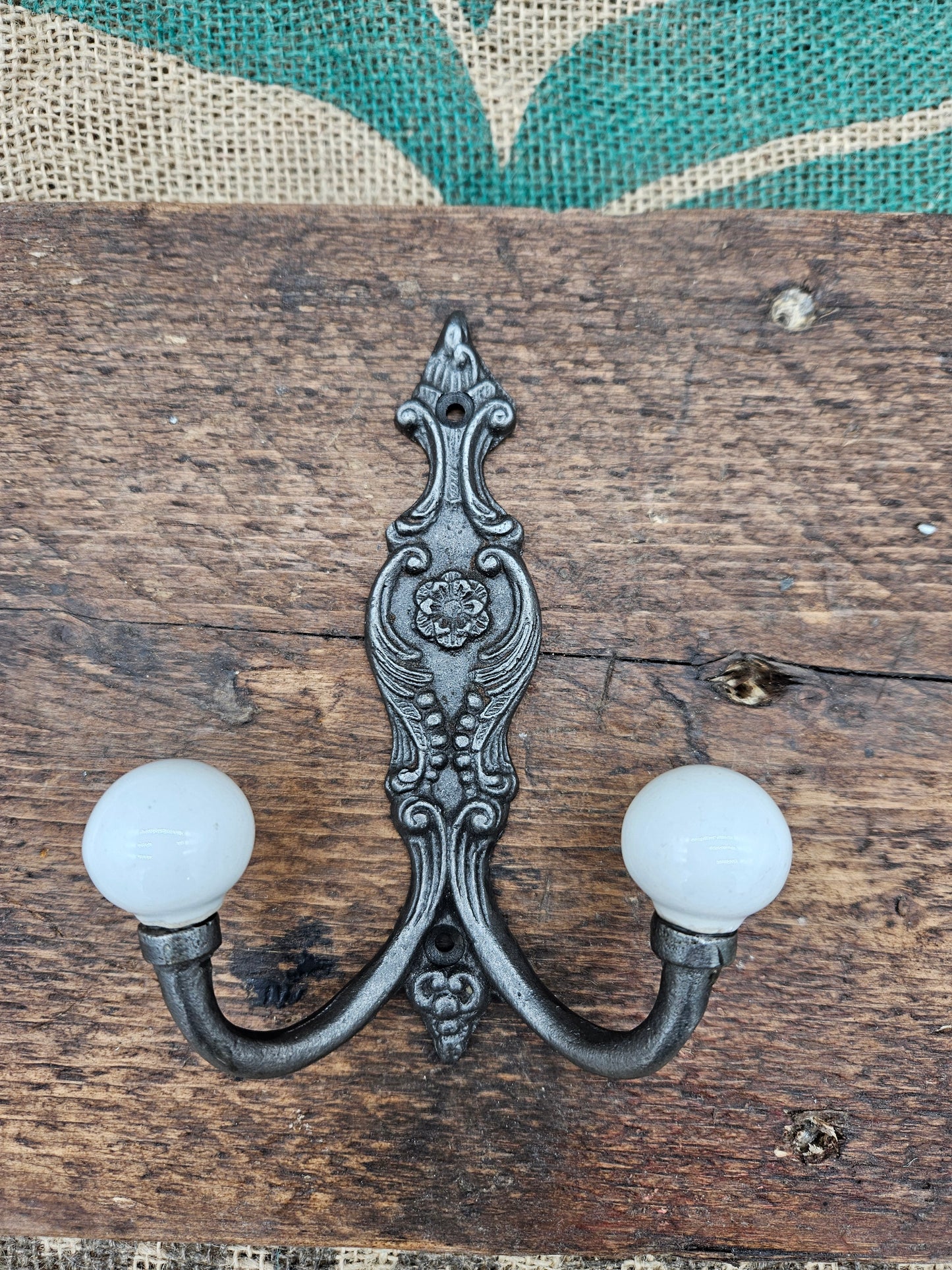 The French Ornate Double Hook - Antique Iron - Ivory - Ceramic ball ends