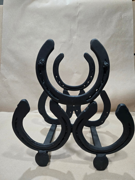 Authentic horseshoes and railroad spikes repurposed into a 3 Bottle Wine Holder- Mat Black
