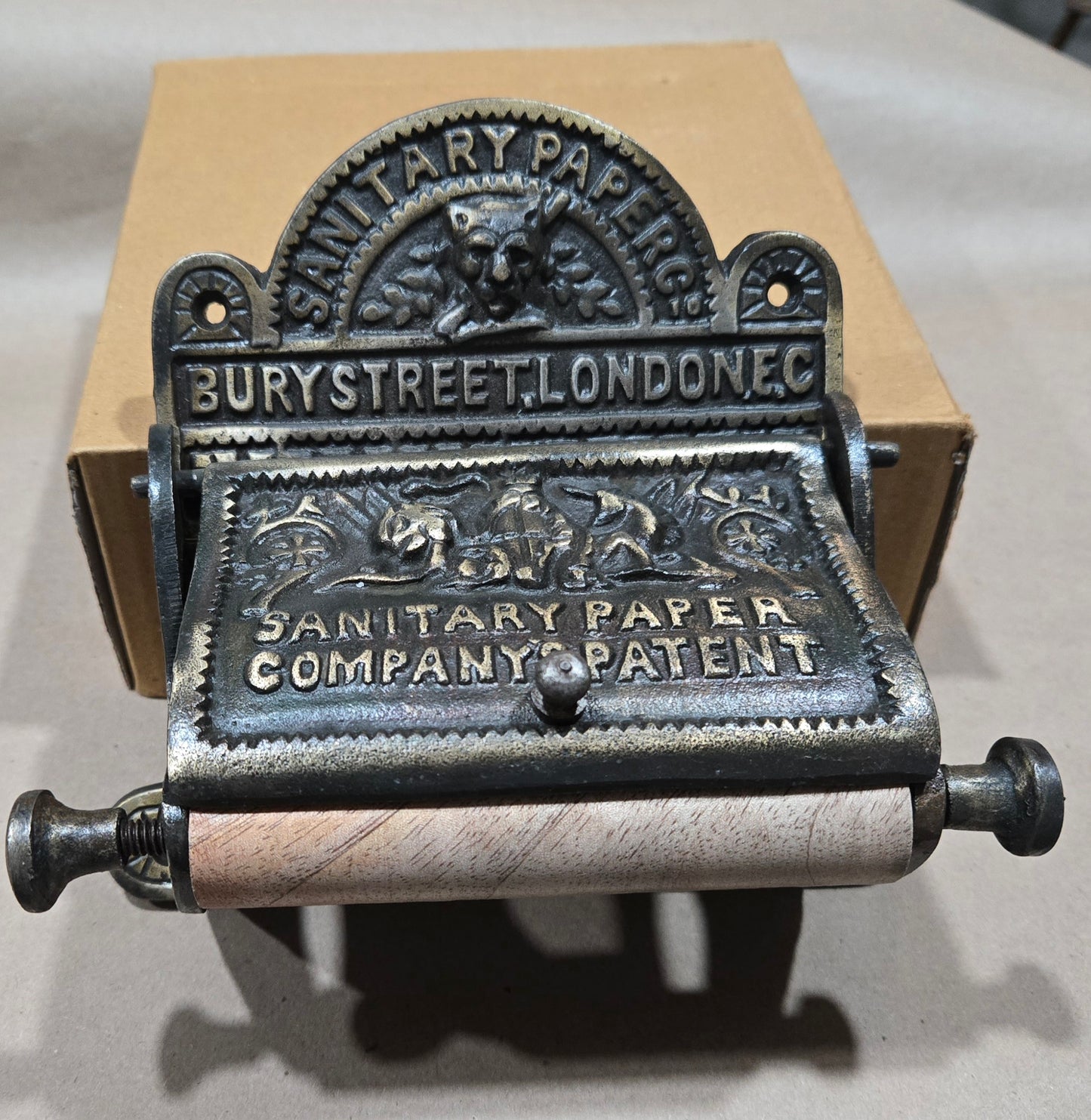 Bury St London cast iron with Antique brass finish toilet toll holder Roll size  4.5 " wide X 4.5 " diameter