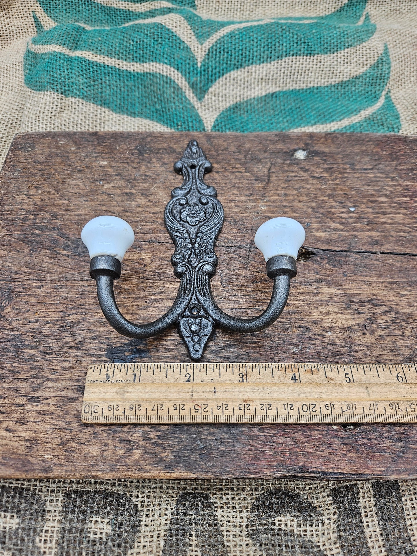 The French Ornate Double Hook - Antique Iron - Ivory Tapered ceramic ends