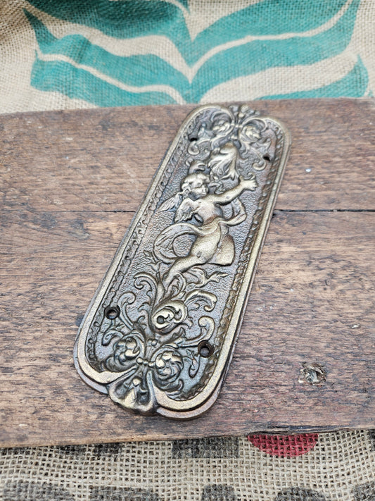 Door Push Plate - Cherub Antique Brass