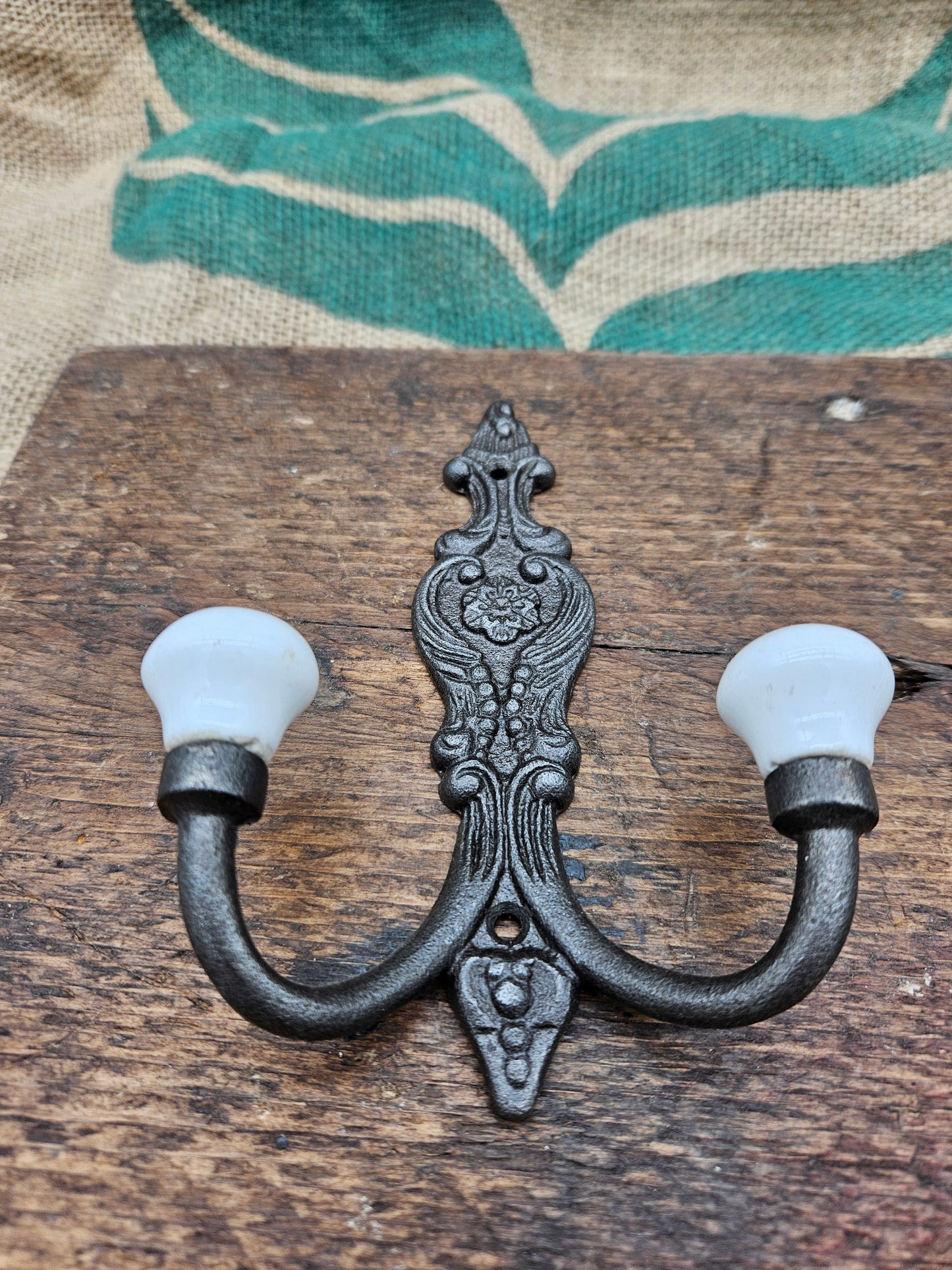 The French Ornate Double Hook - Antique Iron - Ivory Tapered ceramic ends