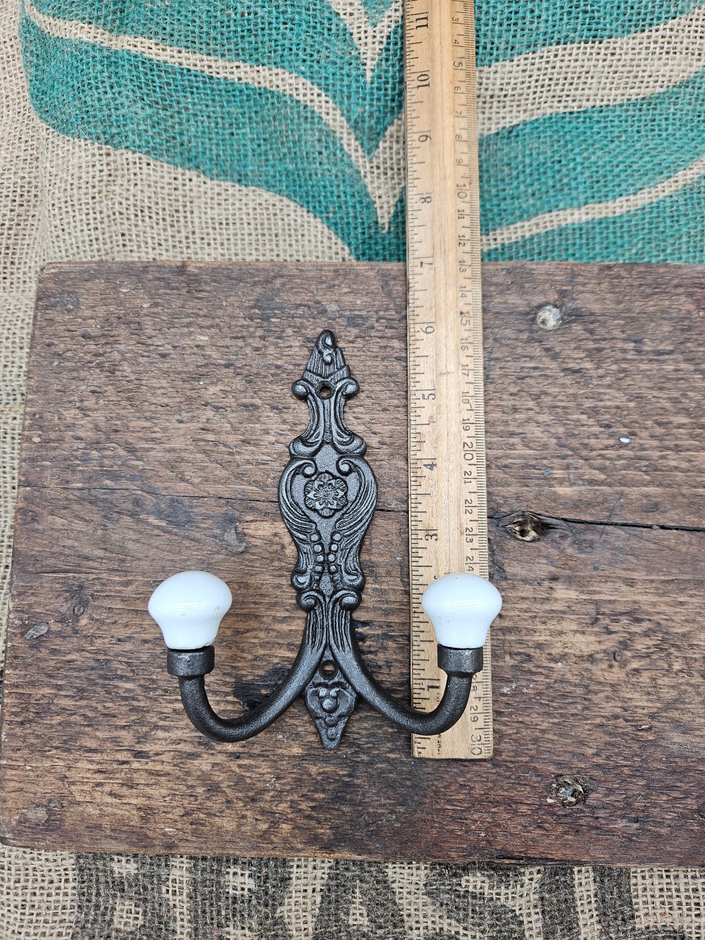The French Ornate Double Hook - Antique Iron - Ivory Tapered ceramic ends