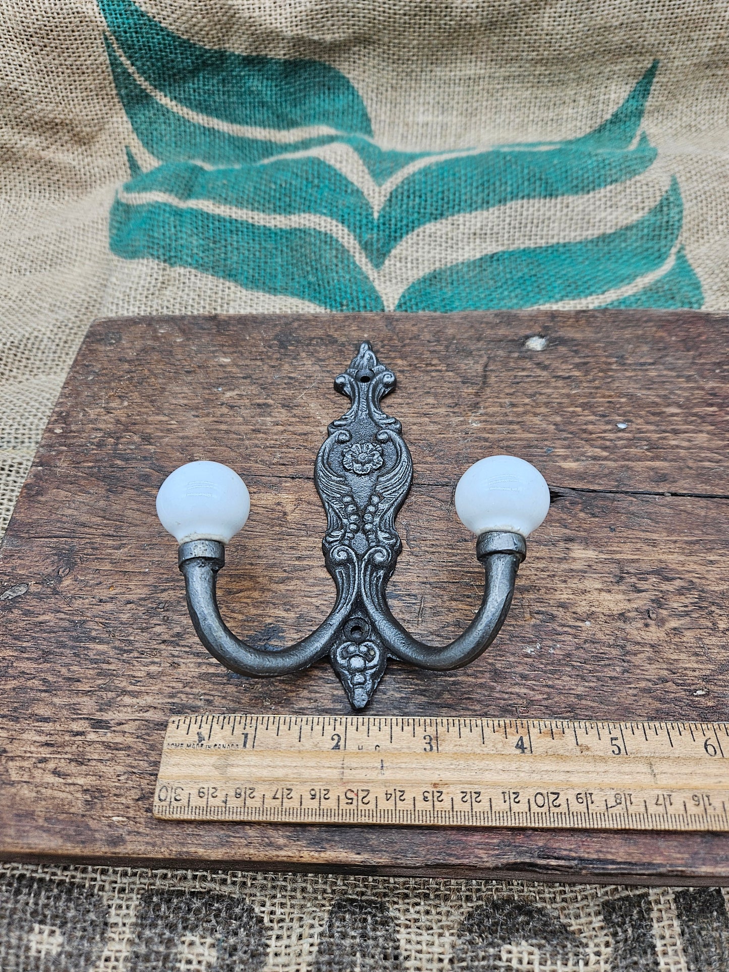 The French Ornate Double Hook - Antique Iron - Ivory - Ceramic ball ends