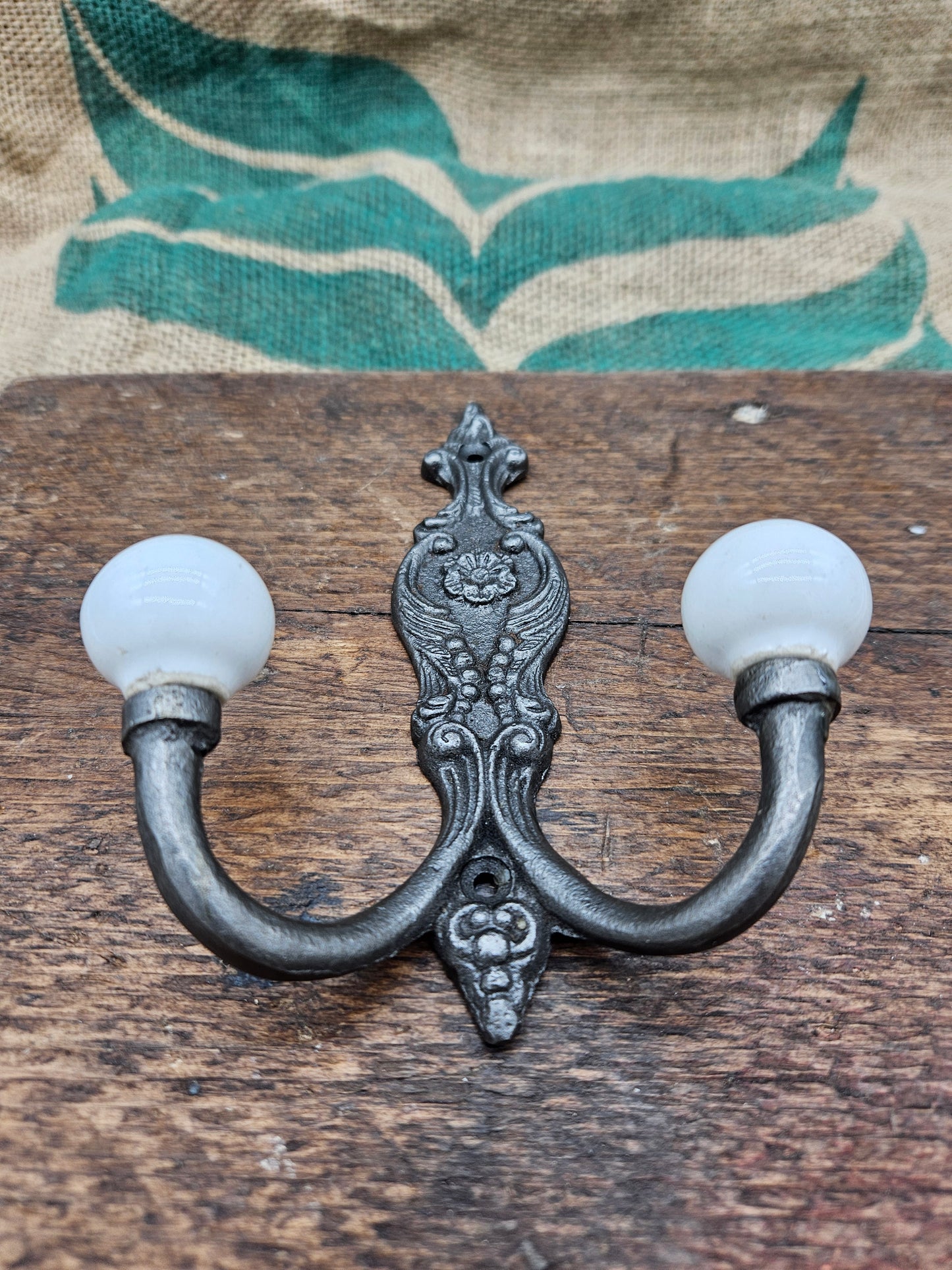 The French Ornate Double Hook - Antique Iron - Ivory - Ceramic ball ends