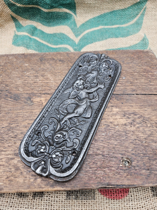 Door Push Plate - Cherub Antique Iron