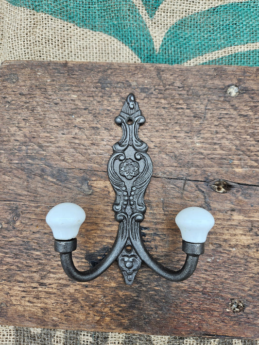 The French Ornate Double Hook - Antique Iron - Ivory Tapered ceramic ends