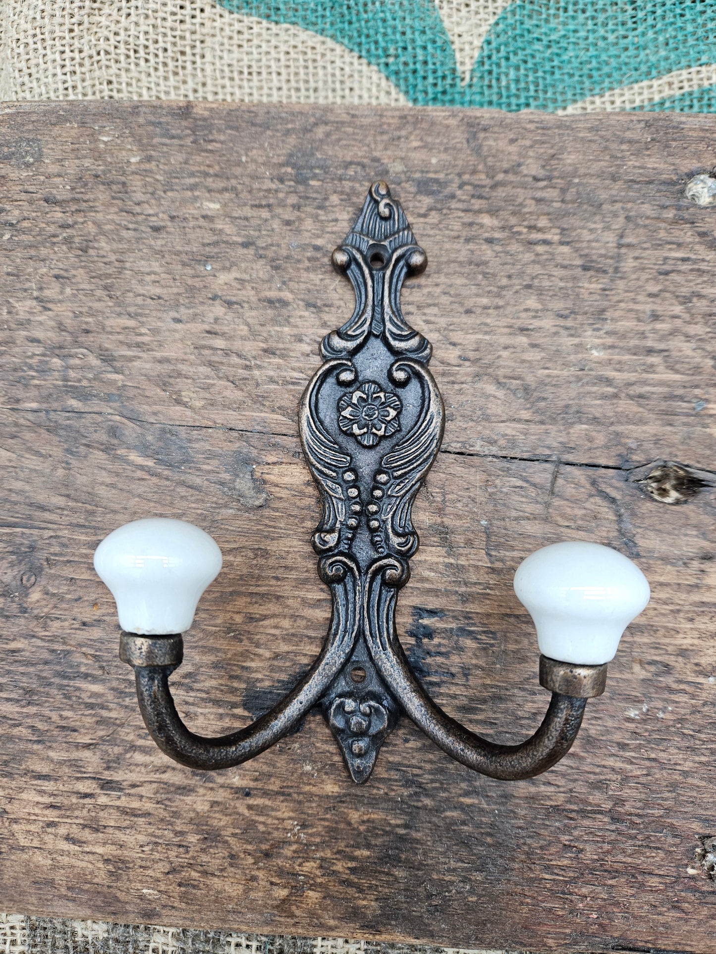 The French Ornate Double Hook - Antique Copper - Ivory tapered ceramic ends