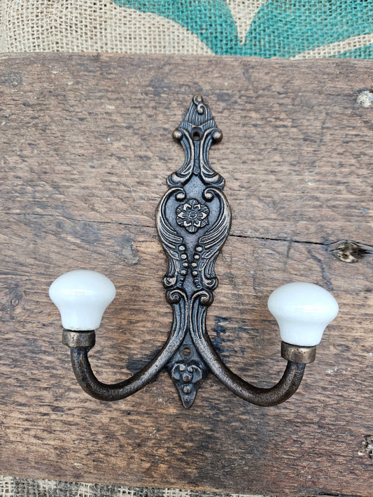 The French Ornate Double Hook - Antique Copper - Ivory tapered ceramic ends
