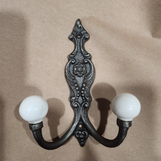 The French Ornate Double Hook - Antique Iron - Ivory - Ceramic ball ends