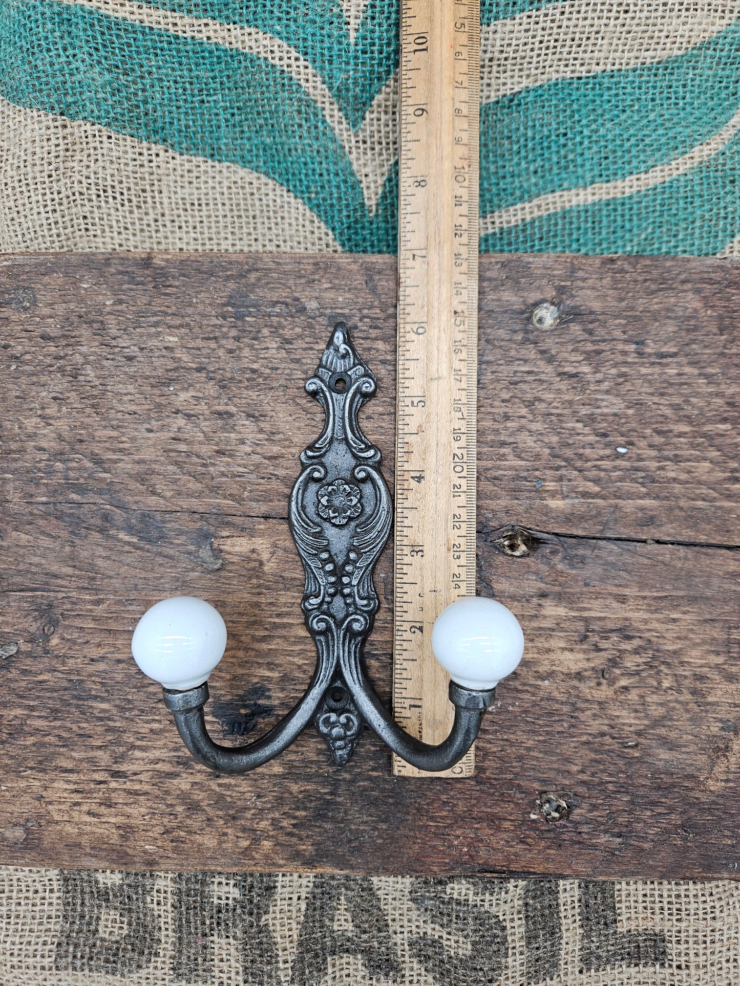 The French Ornate Double Hook - Antique Iron - Ivory - Ceramic ball ends