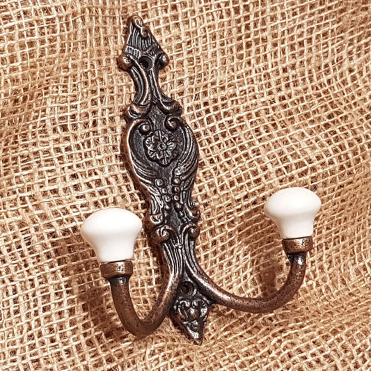 The French Ornate Double Hook - Antique Copper - Ivory tapered ceramic ends