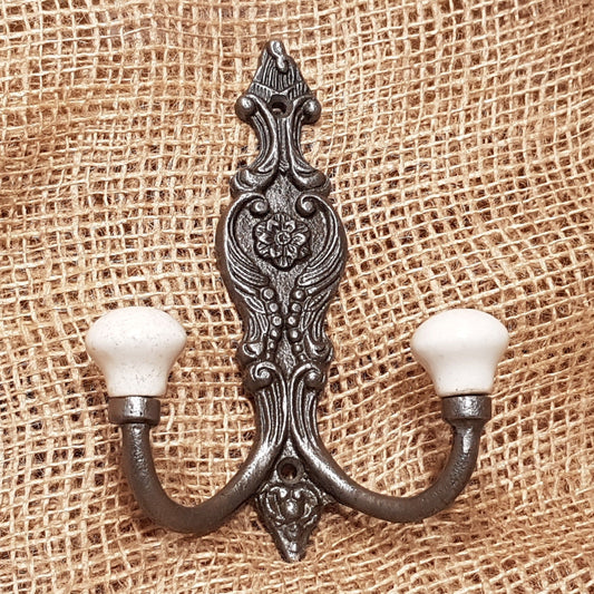 Double Robe French Ornate Hook - Antique Iron - Spearhead Collection - Double Robe Hooks - Double Hooks, French Design, Hardware, Hat and Coat Hooks, Hooks