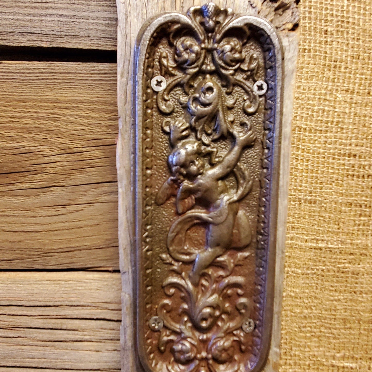 Door Push Plate - Cherub Antique Iron
