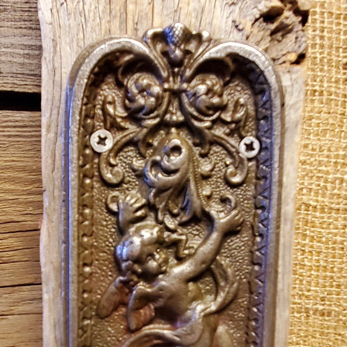 Door Push Plate - Cherub Antique Iron