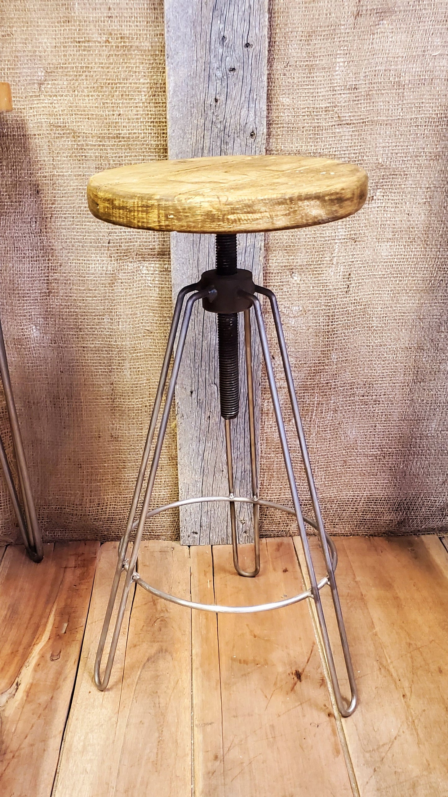 The Maxwell - Hairpin Leg Stool - Adjustable Height Swivel Stool with Wood Top