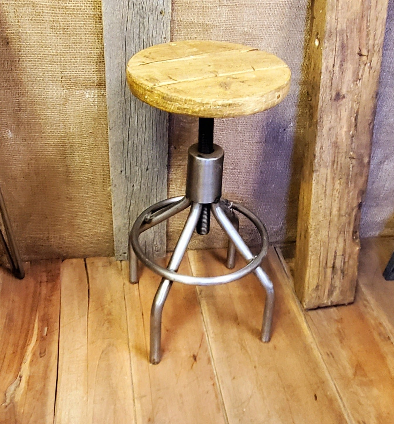 The Henderson Round Base Tubular adjustable Height Stool with Wood top