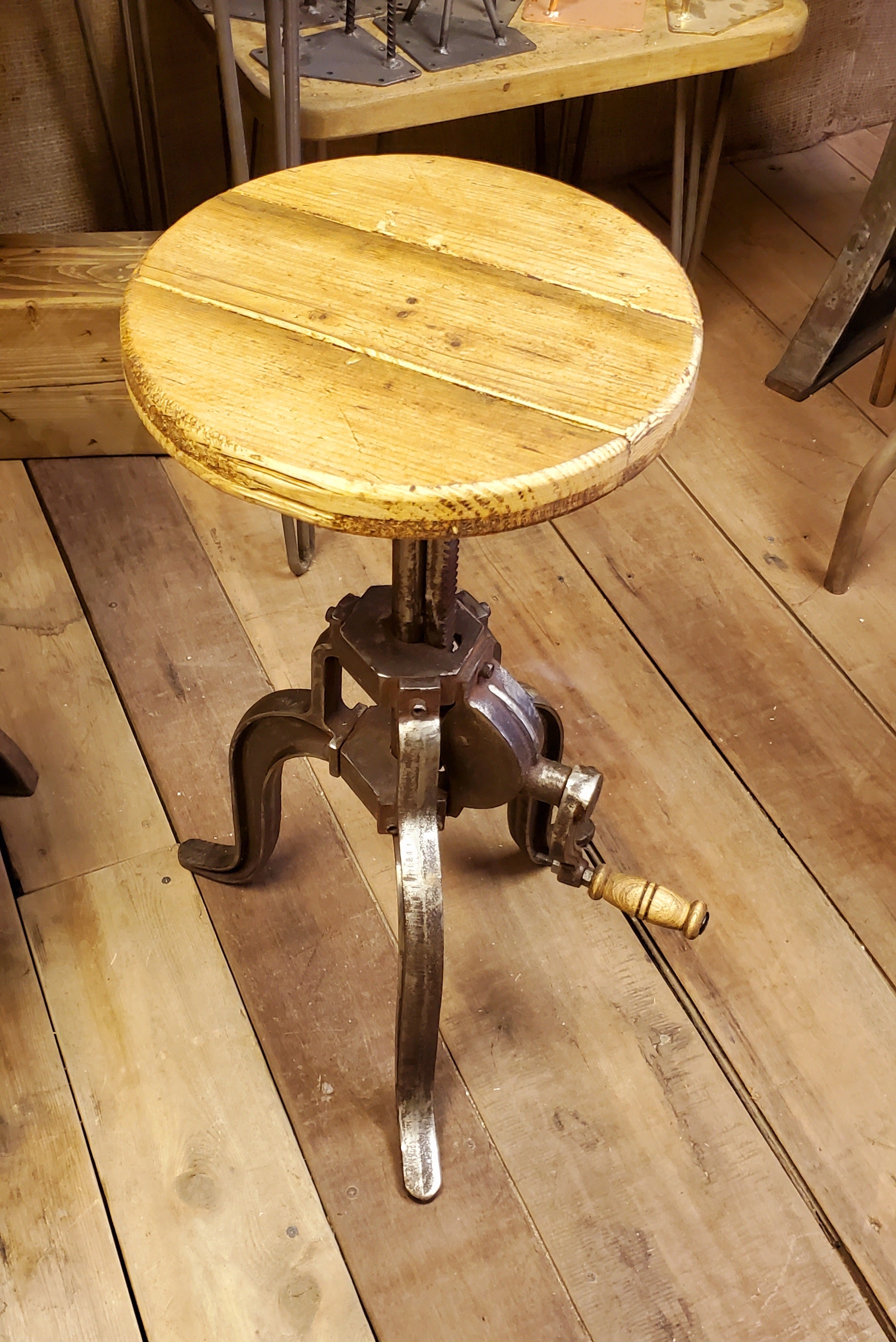 The 'Jarrat Stool' - Vintage Cast Iron Crank Handle Stool With Reclaimed Wood Top - Spearhead Collection - Stools - Adjustable Height Stool, crank handle stool, Industrial stool, Seating, vin