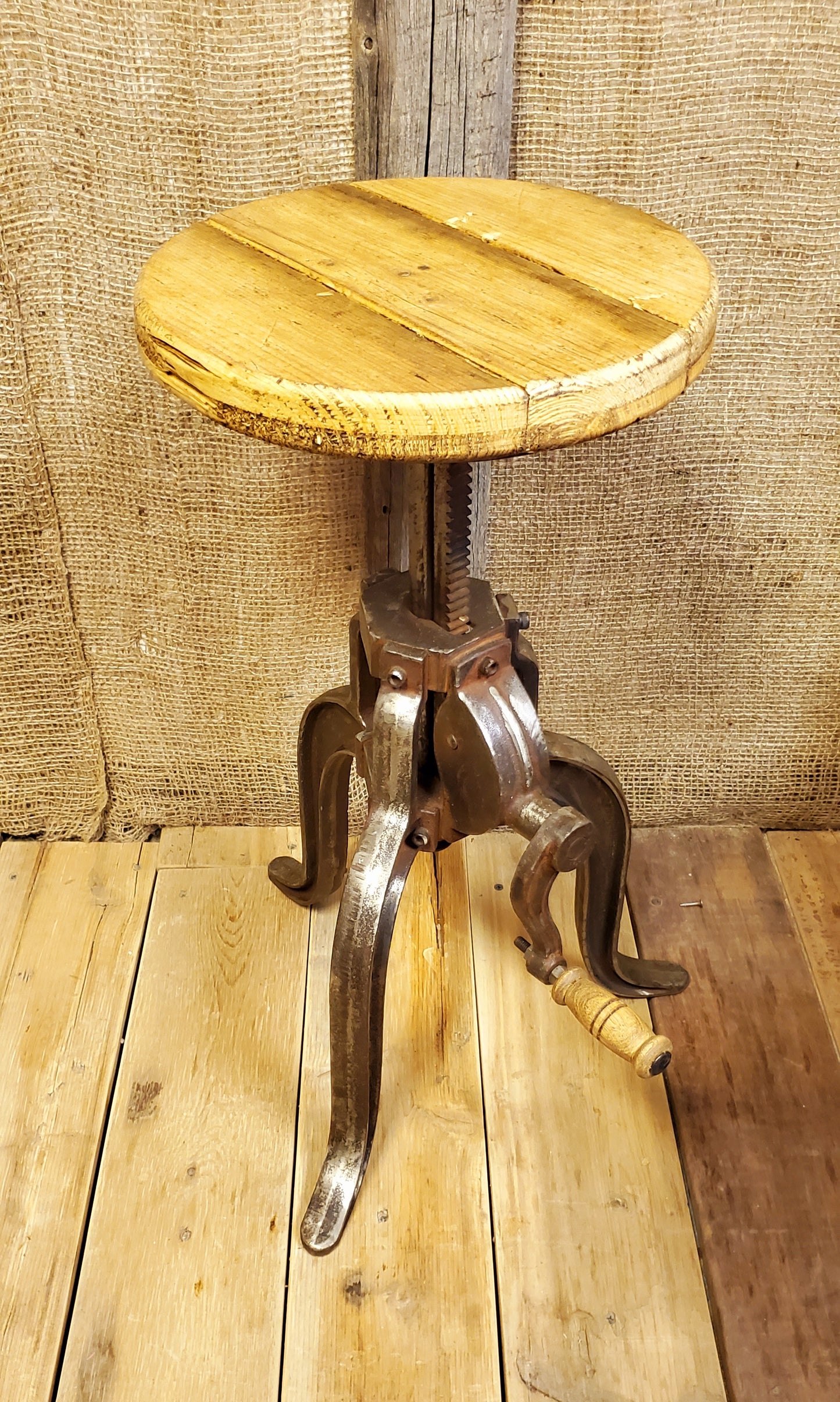 The 'Jarrat Stool' - Vintage Cast Iron Crank Handle Stool With Reclaimed Wood Top - Spearhead Collection - Stools - Adjustable Height Stool, crank handle stool, Industrial stool, Seating, vin