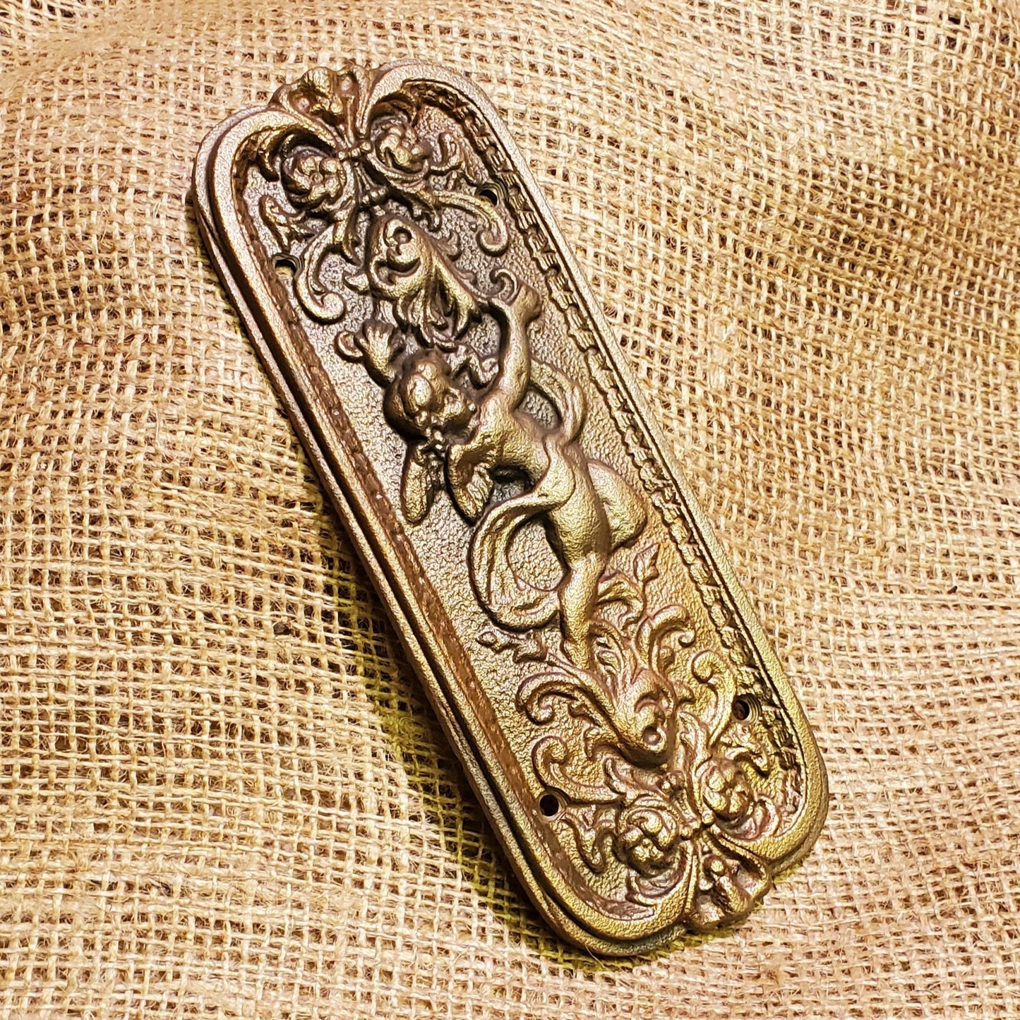 Door Push Plate - Cherub Antique Brass