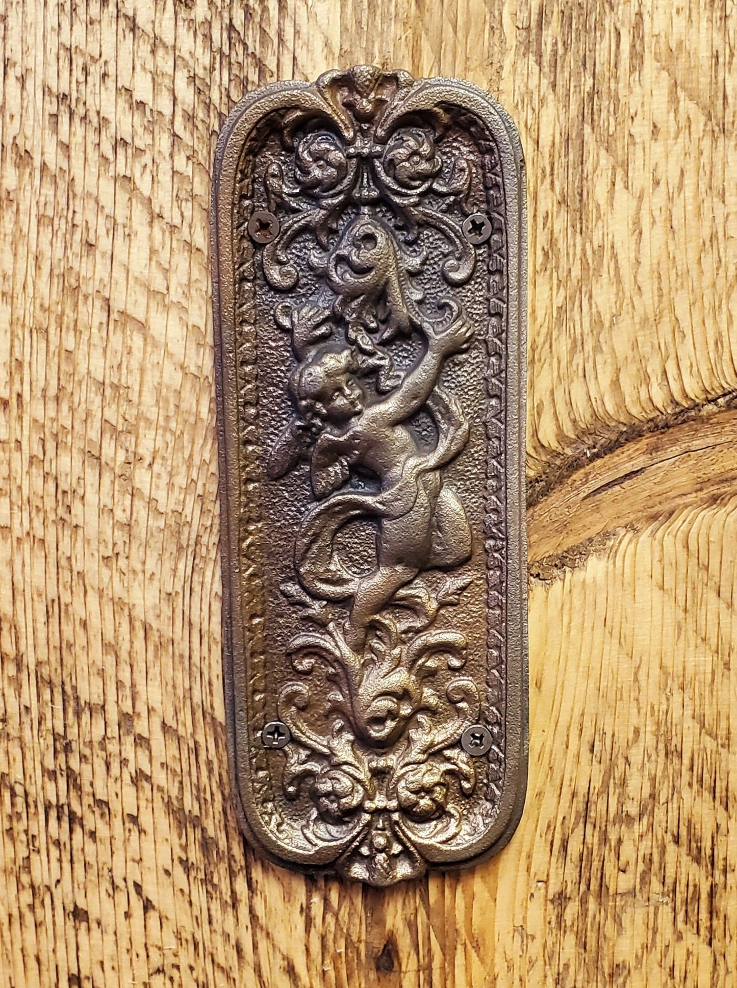 Door Push Plate - Cherub Antique Brass