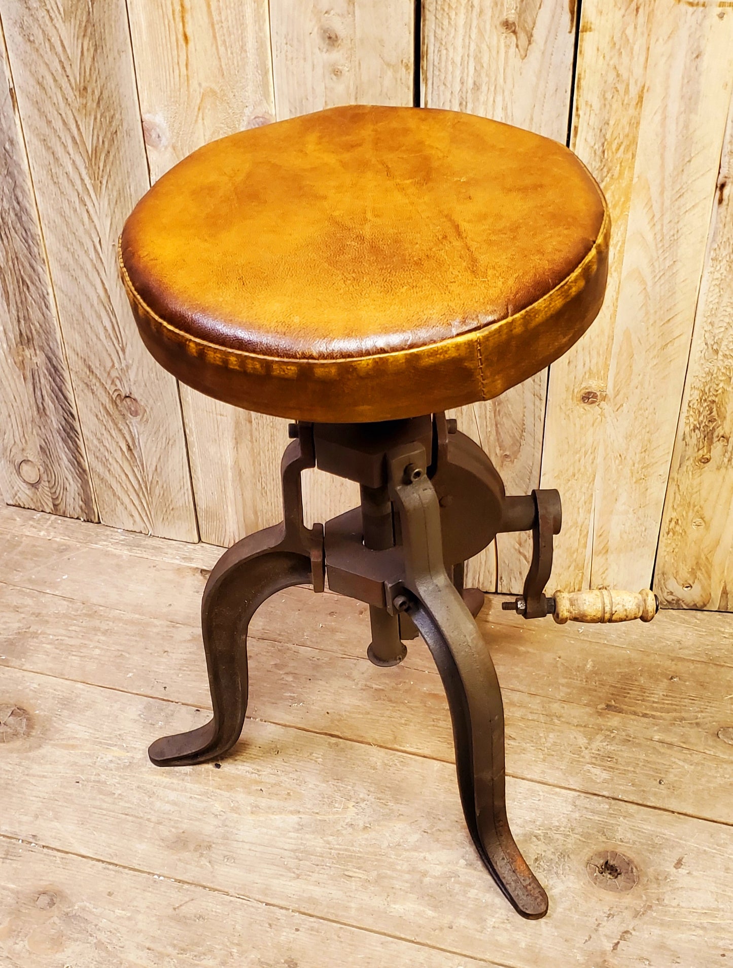 The Abercrombie - Vintage Cast Iron Crank Handle Stool With Leather Seat Top