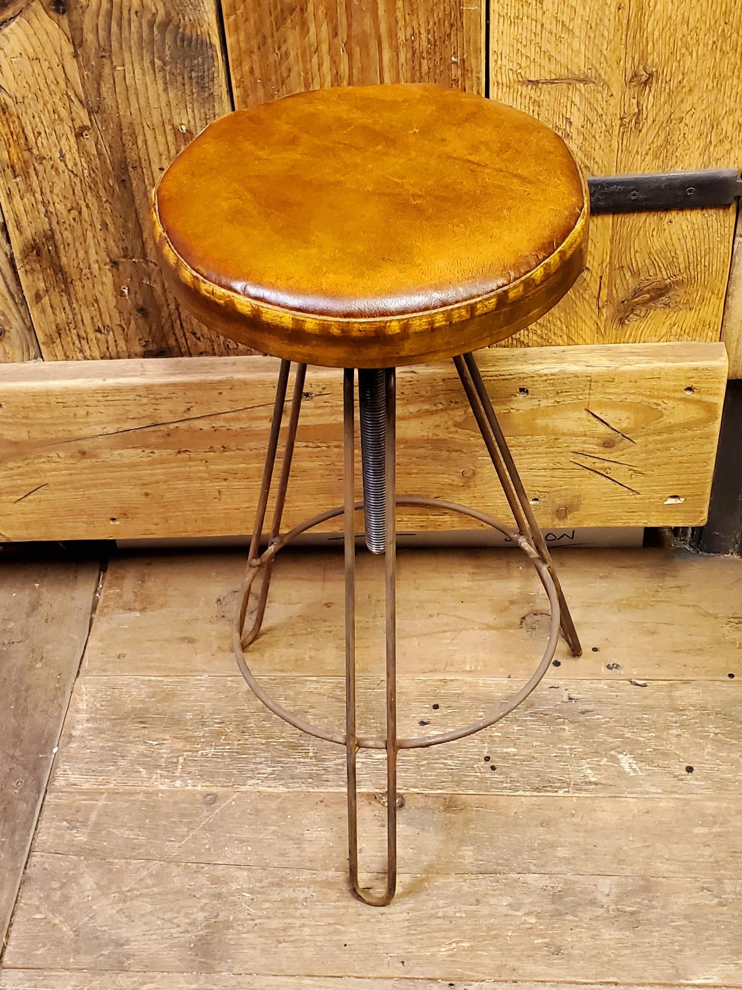 The Maxwell - Hairpin Leg Stool - Adjustable Height Swivel Stool with Leather Seat Top